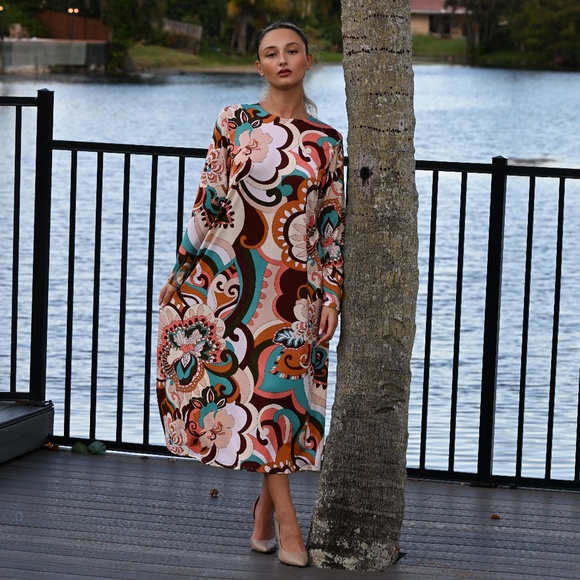 DEVORAH'S SECRET Modest Midi Dress Modern Floral Brown/Teal/Orange/Regular& Plus - Picture 4 of 6